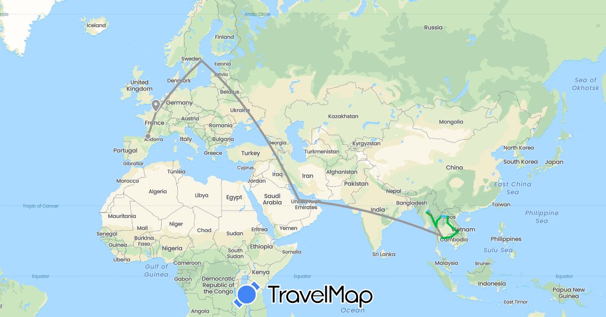 TravelMap itinerary: driving, bus, plane, hiking, boat, motorbike in France, Cambodia, Laos, Myanmar (Burma), Qatar, Sweden, Thailand (Asia, Europe)